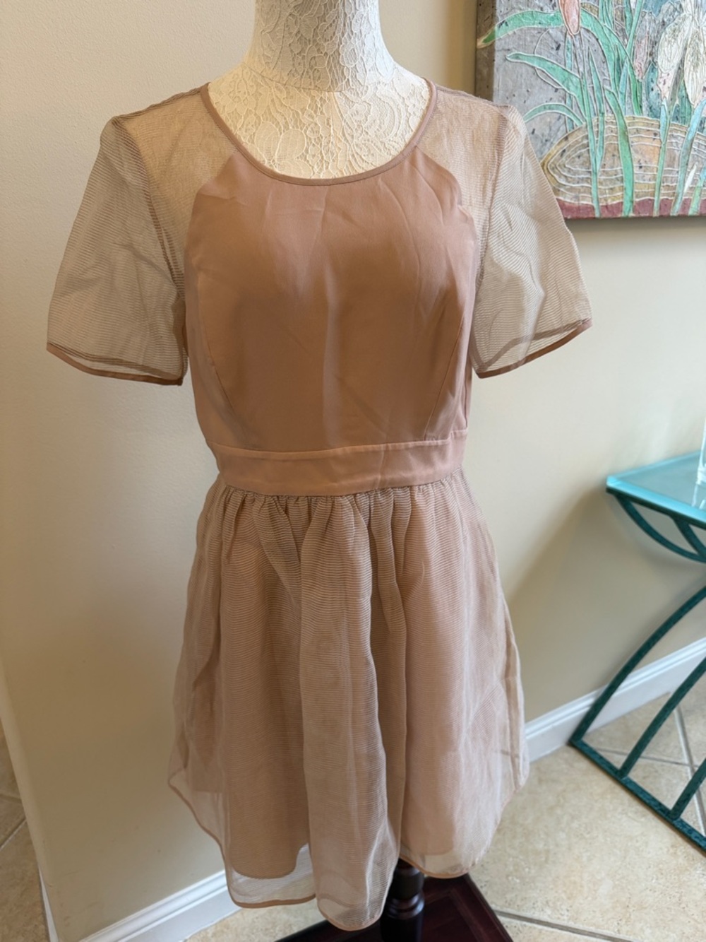 BCBGeneration Dusty Rose Mesh Short Sleeve Fit-and-Flare Dress